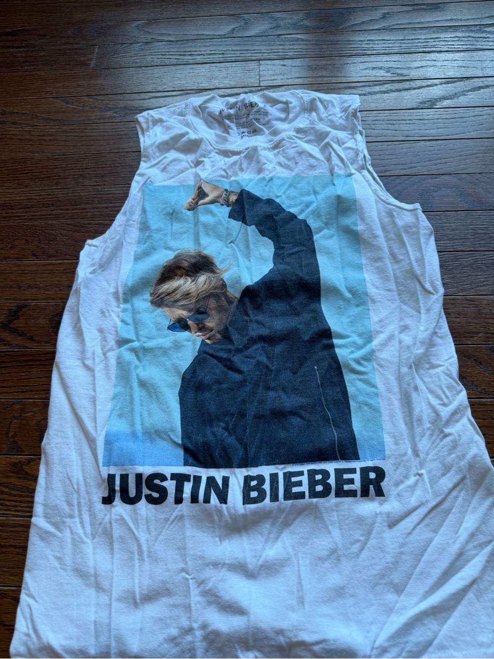 Justin Bieber White Muscle Tee with Blue Photo Graphic and Black Logo